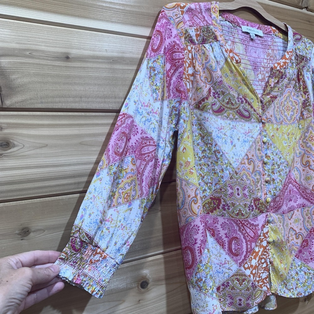 Rose + Olive Blouse Womens Small Multicolor Paisley Floral Button Front Boho - Picture 5 of 13